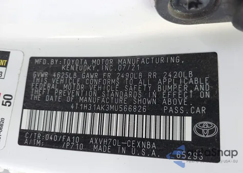 2021 Toyota Camry Le Hybrid z USA, uszkodzony, nr VIN 4T1H31AK3MU566826